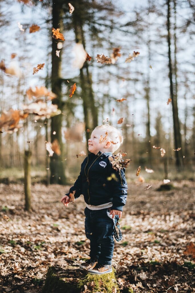 shallow focus photography of children standing on brown dried leaf